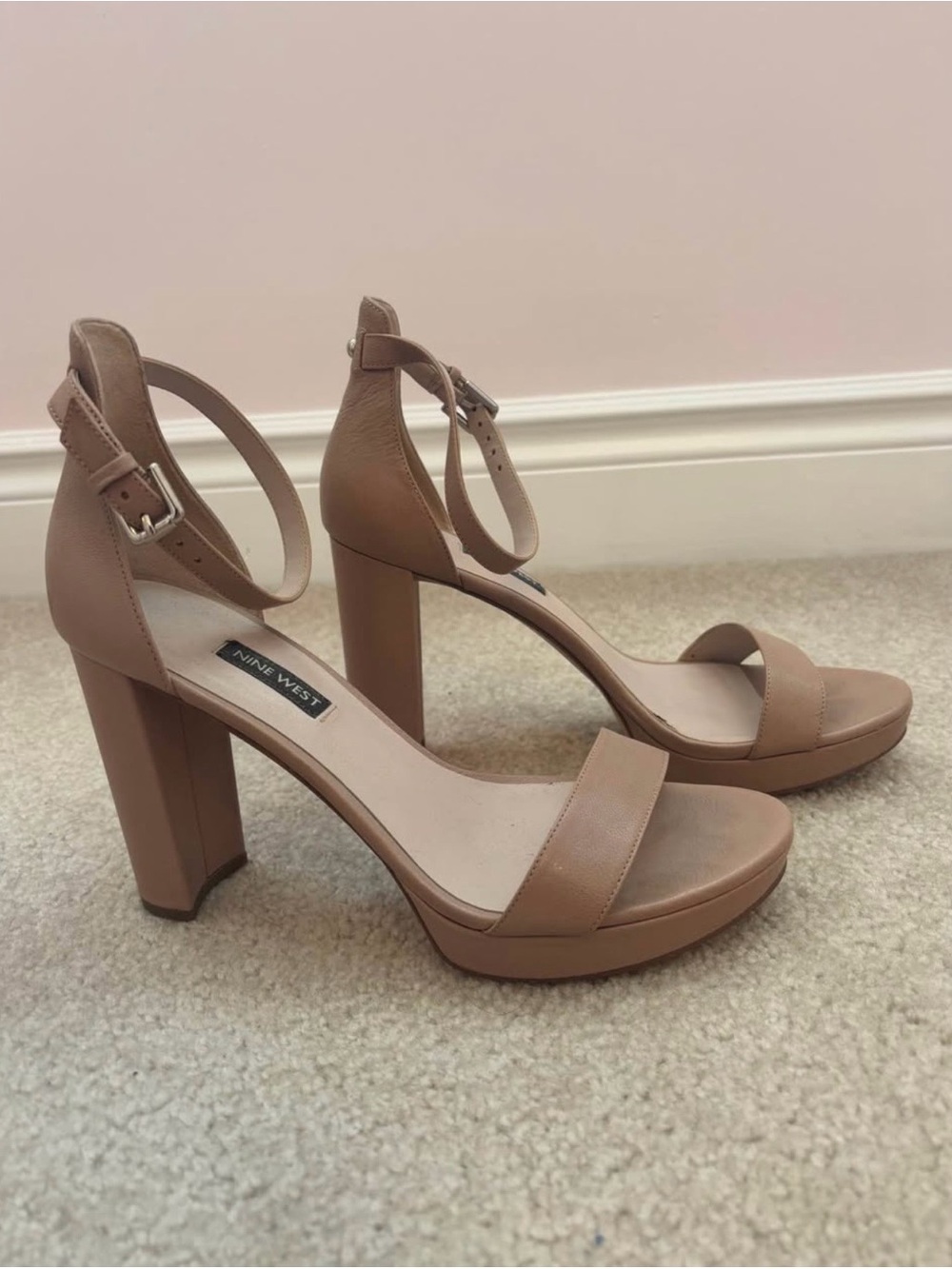Nine West Nude Tan Block-Heel Ankle Strap Sandals